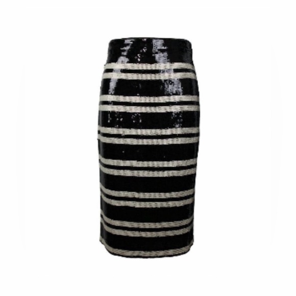 ALICE + OLIVIA Black Ivory Striped Sequin Embellished Rue Pencil Skirt - Picture 2 of 5